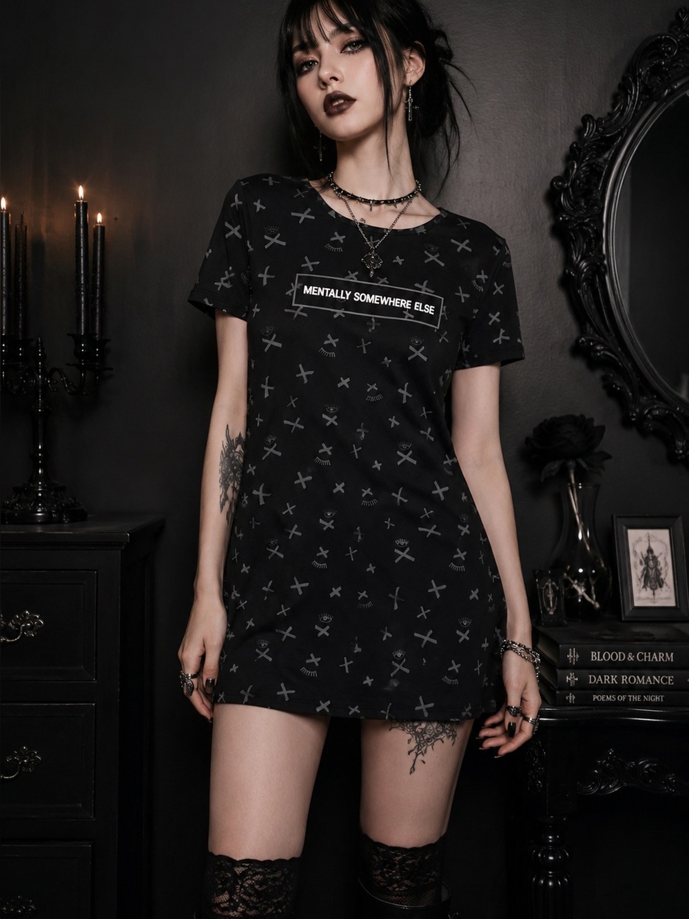 TAMNOON Black Gray “Mentally Somewhere Else” Pop Culture Mini Dress Size XS